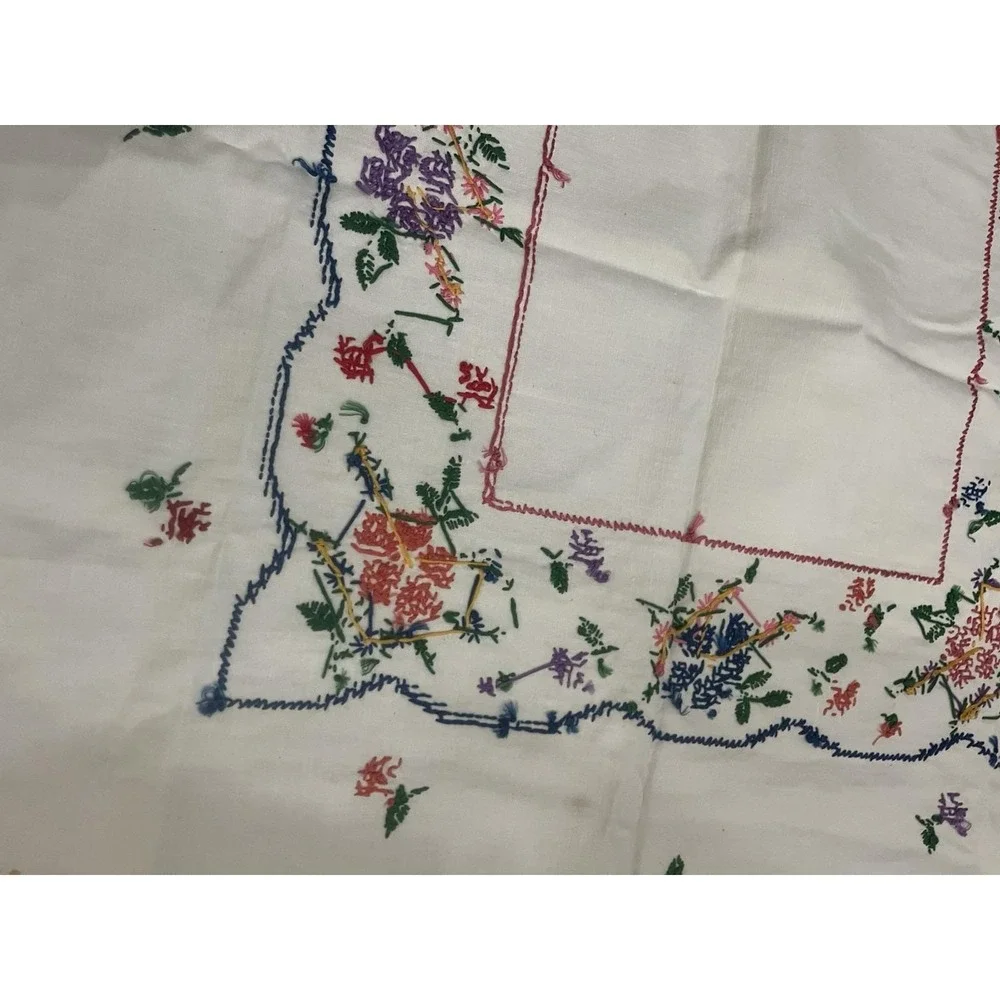 VTG‎ Cotton Tablecloth Embroidered Floral 34.5x36 handmade Farmhouse Cottagecore